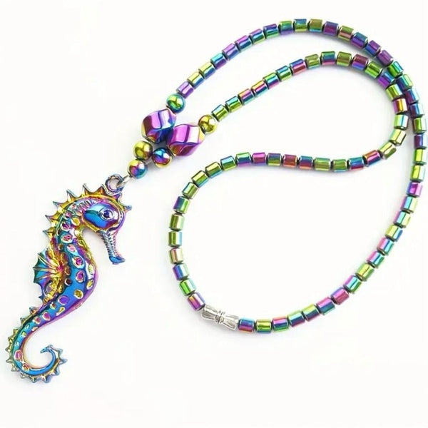 Vibrant Rainbow Hematite Stone Sea Horse Pendant Necklace