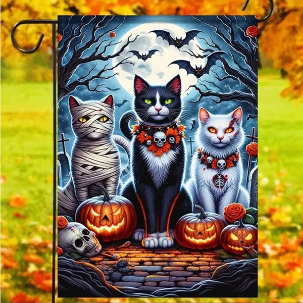 Halloween Double Sided Garden Flag 12x18 Inch Cats Pumpkins