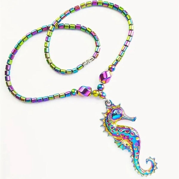 Vibrant Rainbow Hematite Stone Sea Horse Pendant Necklace