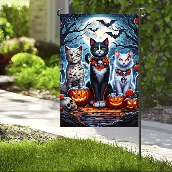 Halloween Double Sided Garden Flag 12x18 Inch Cats Pumpkins