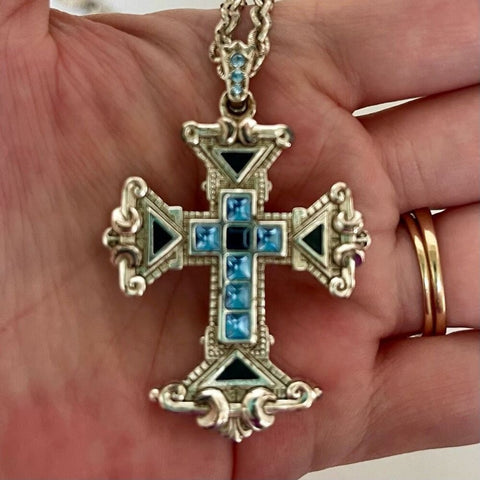 Vintage Vatican Collection Blue Crystal Cross 24” Necklace