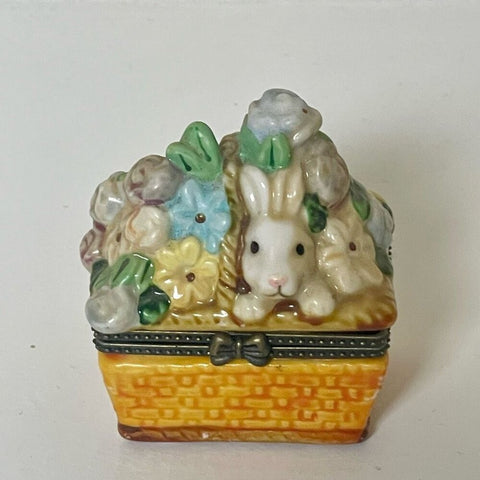 Vintage Easter Bunny In Floral Basket Porcelain Trinket Box