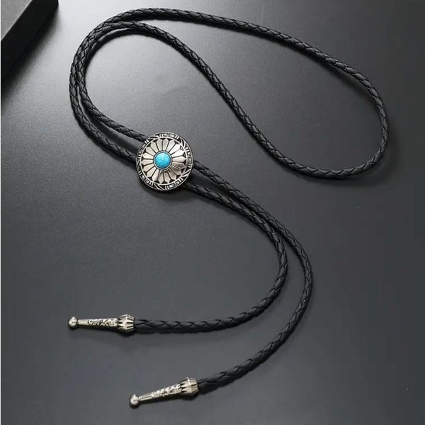 Turquoise Stone Small Round Concho Bolo Tie Mens Casual