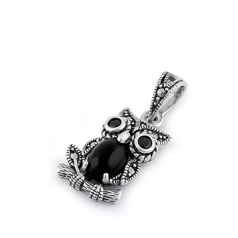 Sterling Silver Onyx and Dark Garnet Owl Marcasite Pendant