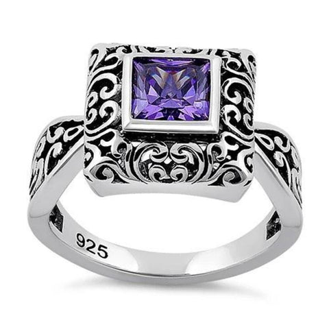 Sterling Silver Ornate Square Cut Amethyst CZ Ring Size 6