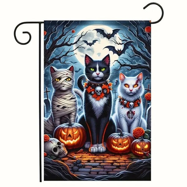 Halloween Double Sided Garden Flag 12x18 Inch Cats Pumpkins