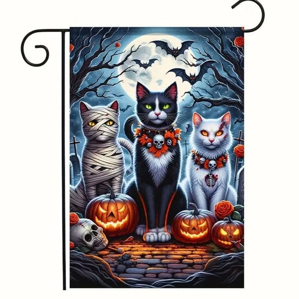 Halloween Double Sided Garden Flag 12x18 Inch Cats Pumpkins