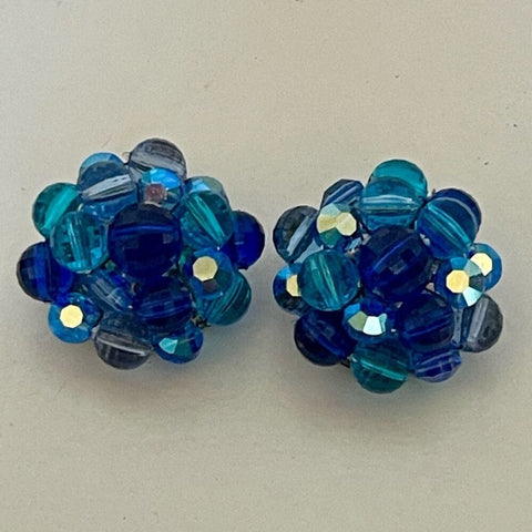 Vintage Round Blue Cluster Beaded Clip On Earrings