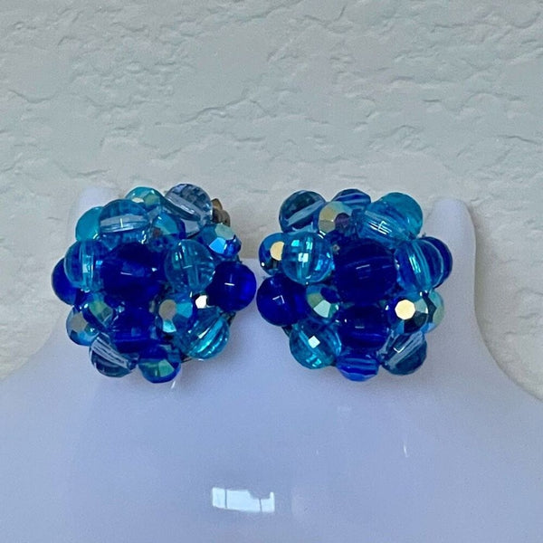 Vintage Round Blue Cluster Beaded Clip On Earrings