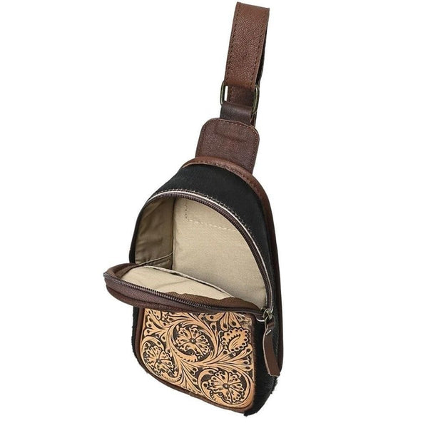 New Ohlay Bags Sling Hand Tooled Hair On Genuine Leather