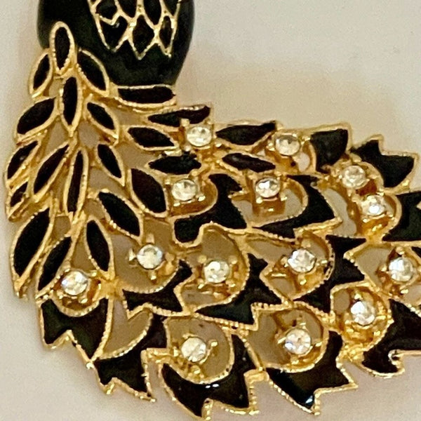 Vintage Peacock Brooch Rhinestone  Gold & Black Lapel Pin