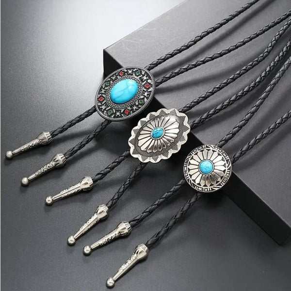 Turquoise Stone Small Round Concho Bolo Tie Mens Casual