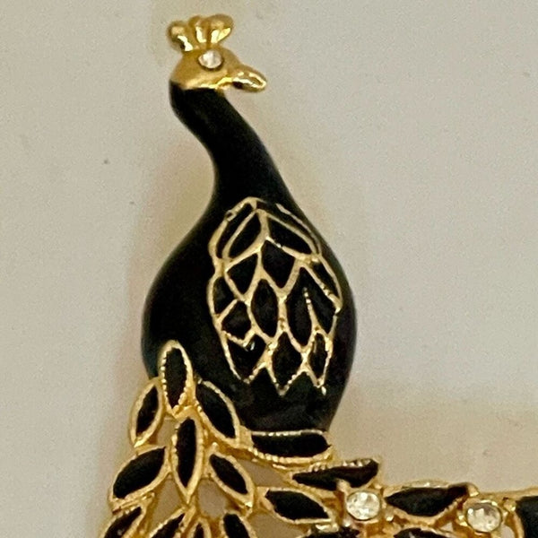 Vintage Peacock Brooch Rhinestone  Gold & Black Lapel Pin