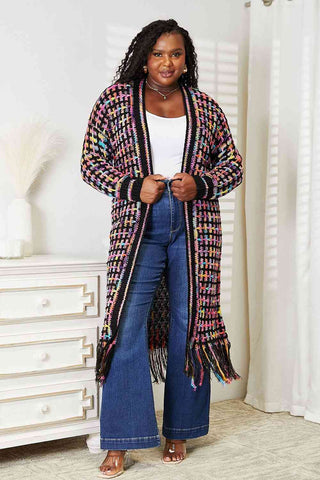 Double Take Full Size Multicolored Open Front Fringe Hem Western Boho Cardigan