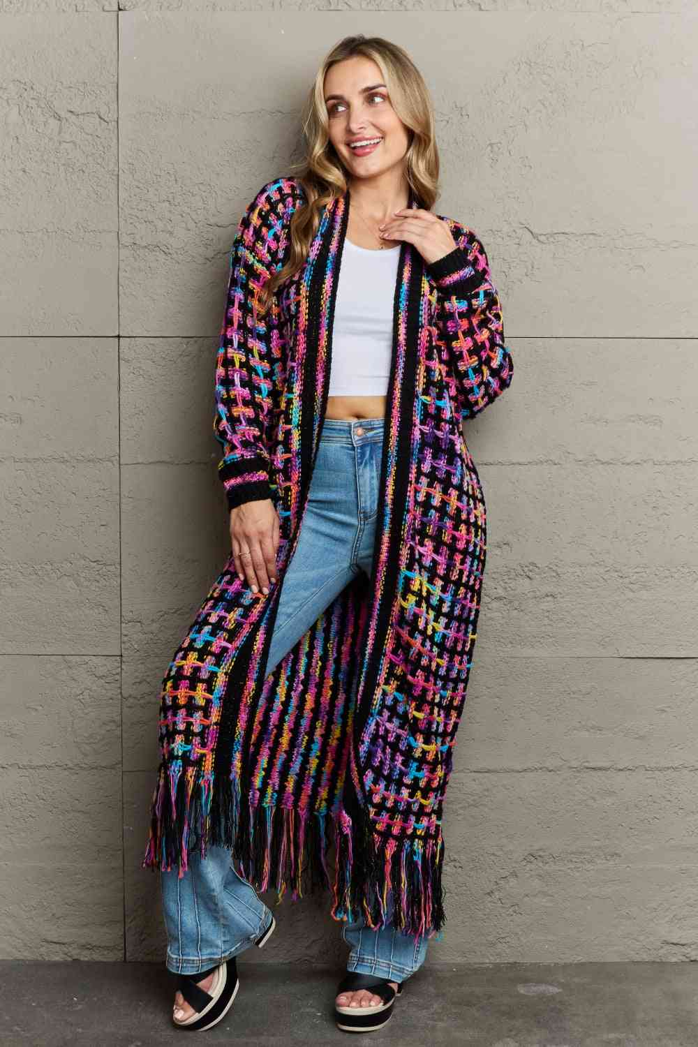 Multicolored Open Front Fringe Hem Western Boho Cardigan