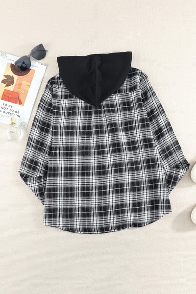 Plaid Drawstring Hooded Shirt Jacket