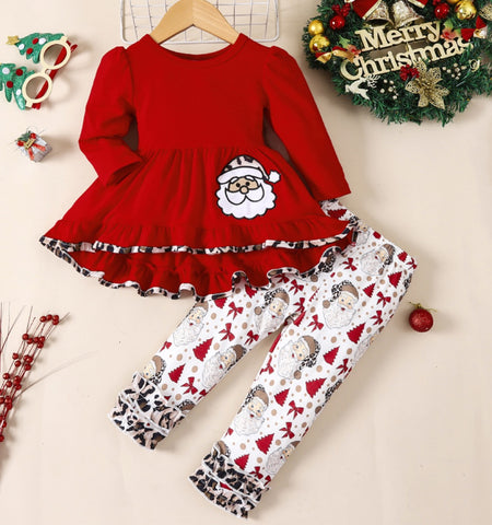 Girls Santa Leopard Trim Set