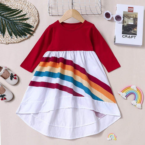 Rainbow Dress Girls High Low Long 3/4 Sleeve Casual Twirl Play Dress New